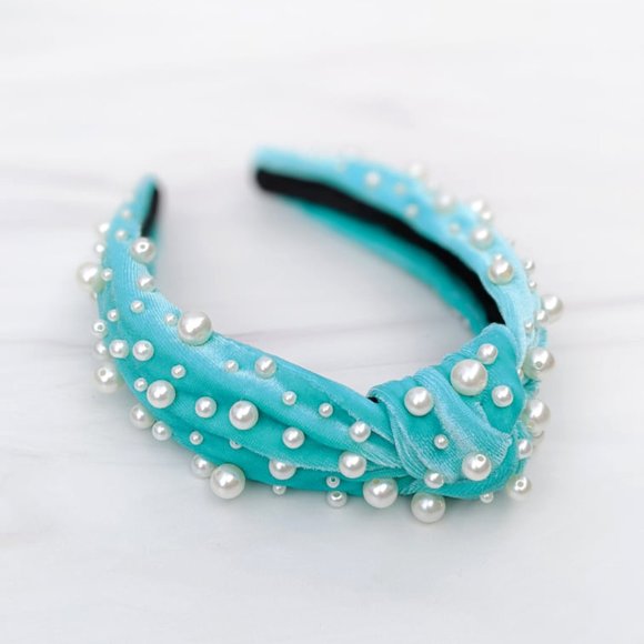 Tiffany Blue Pearl Knot Velvet Headband Pearl Beads Handmade Knotted Turban main image 5